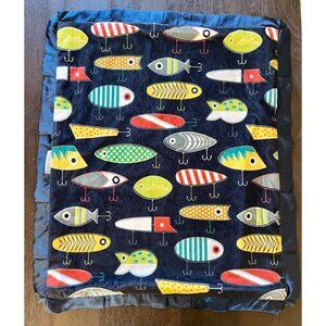 Minky Couture Fish Print Plush Navy Fur Baby Boy's Blanket With Satin Trim